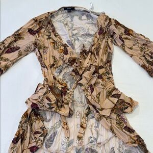 City Studio Cream and Brown Ruffled Tiered Sundress with Long Bishop Sleeves